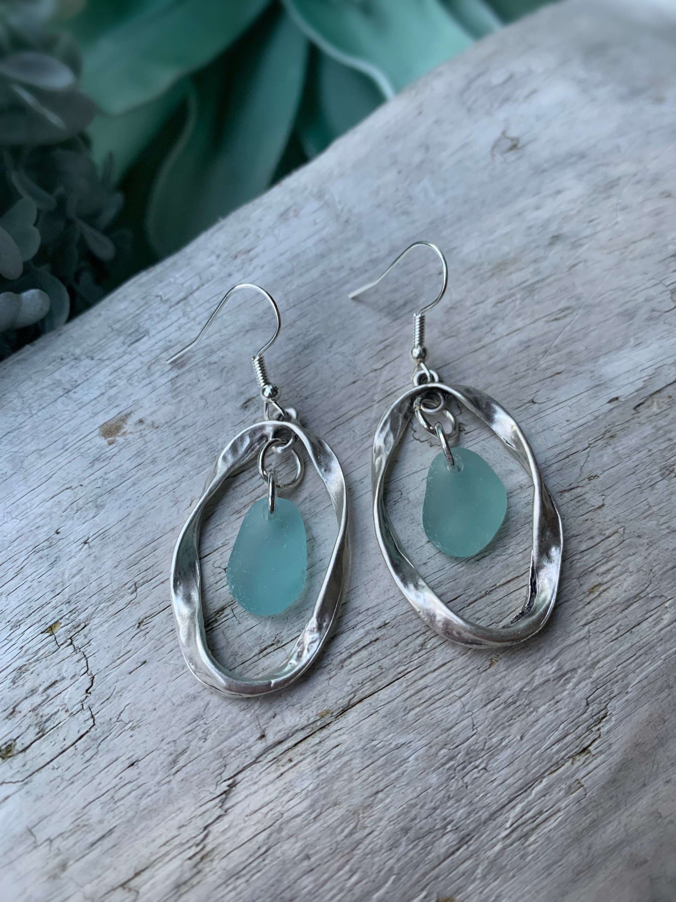 Aqua Sea Glass Earrings: Antiqued Silver, Hammered Oval, Ocean Jewelry
