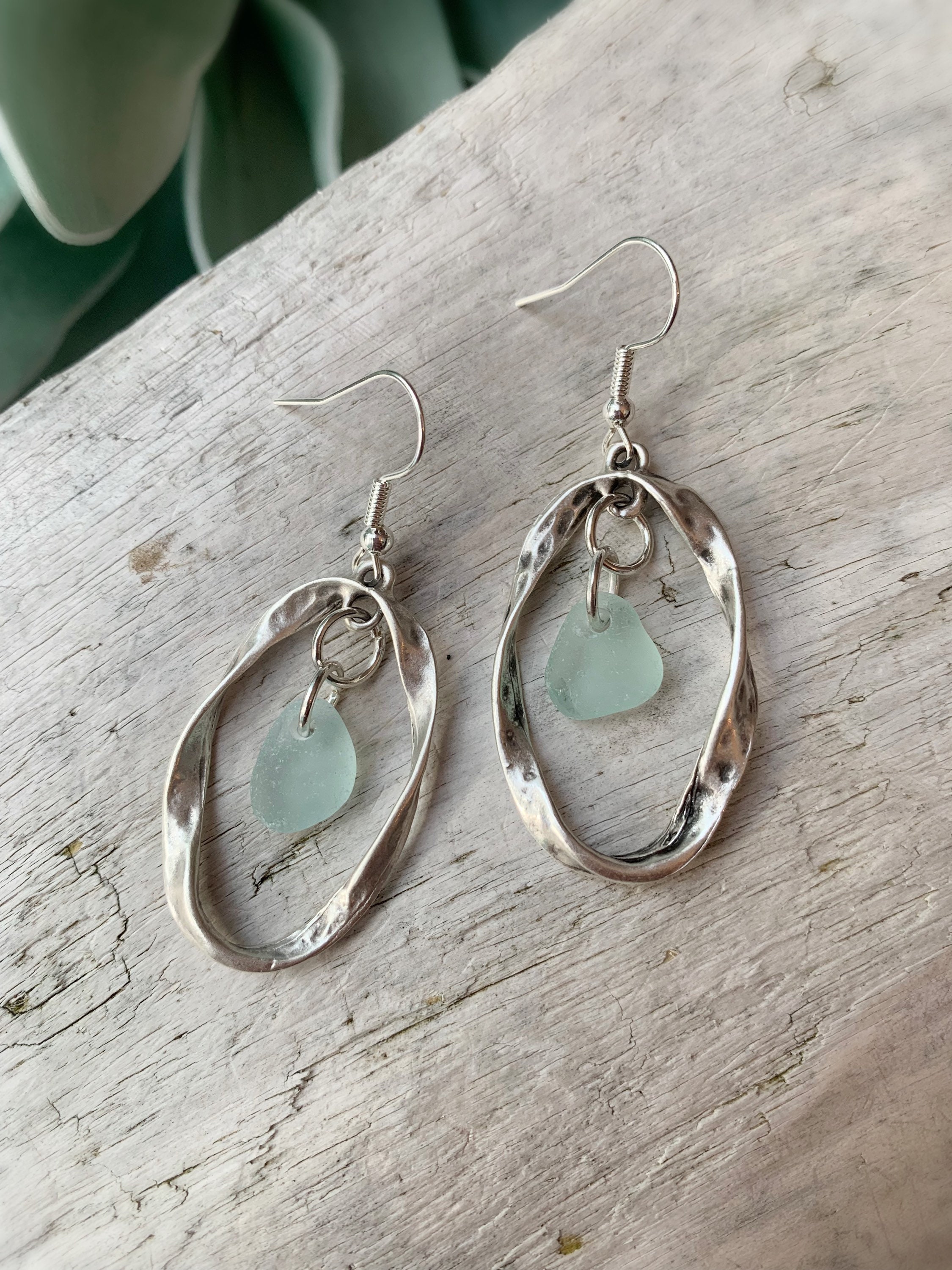 Aqua Sea Glass Earrings: Antiqued Silver Hammered Ocean Jewelry