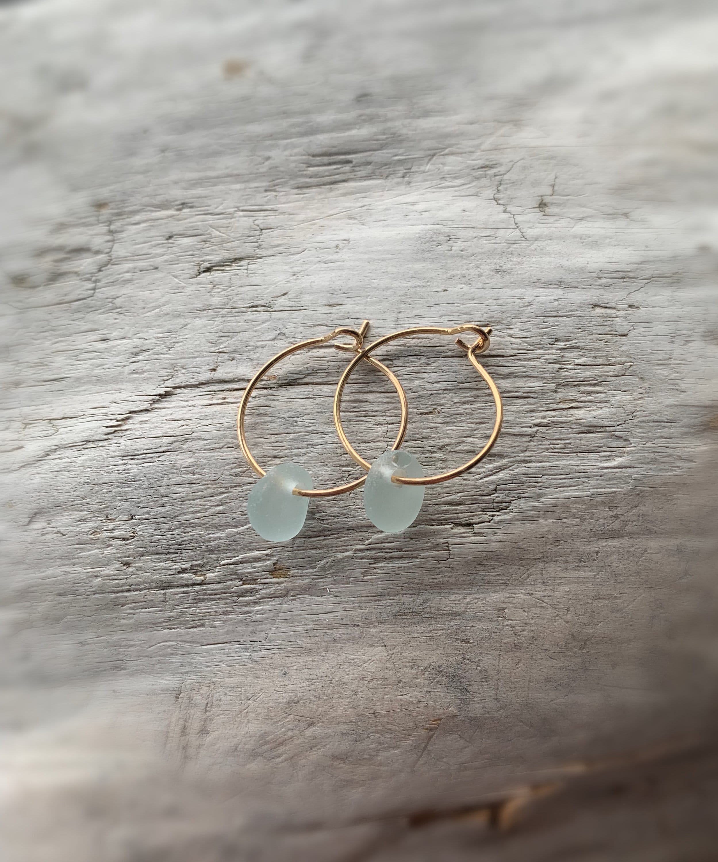 Light Blue Sea Glass Earrings: Gold Plated Minimalist Hoops