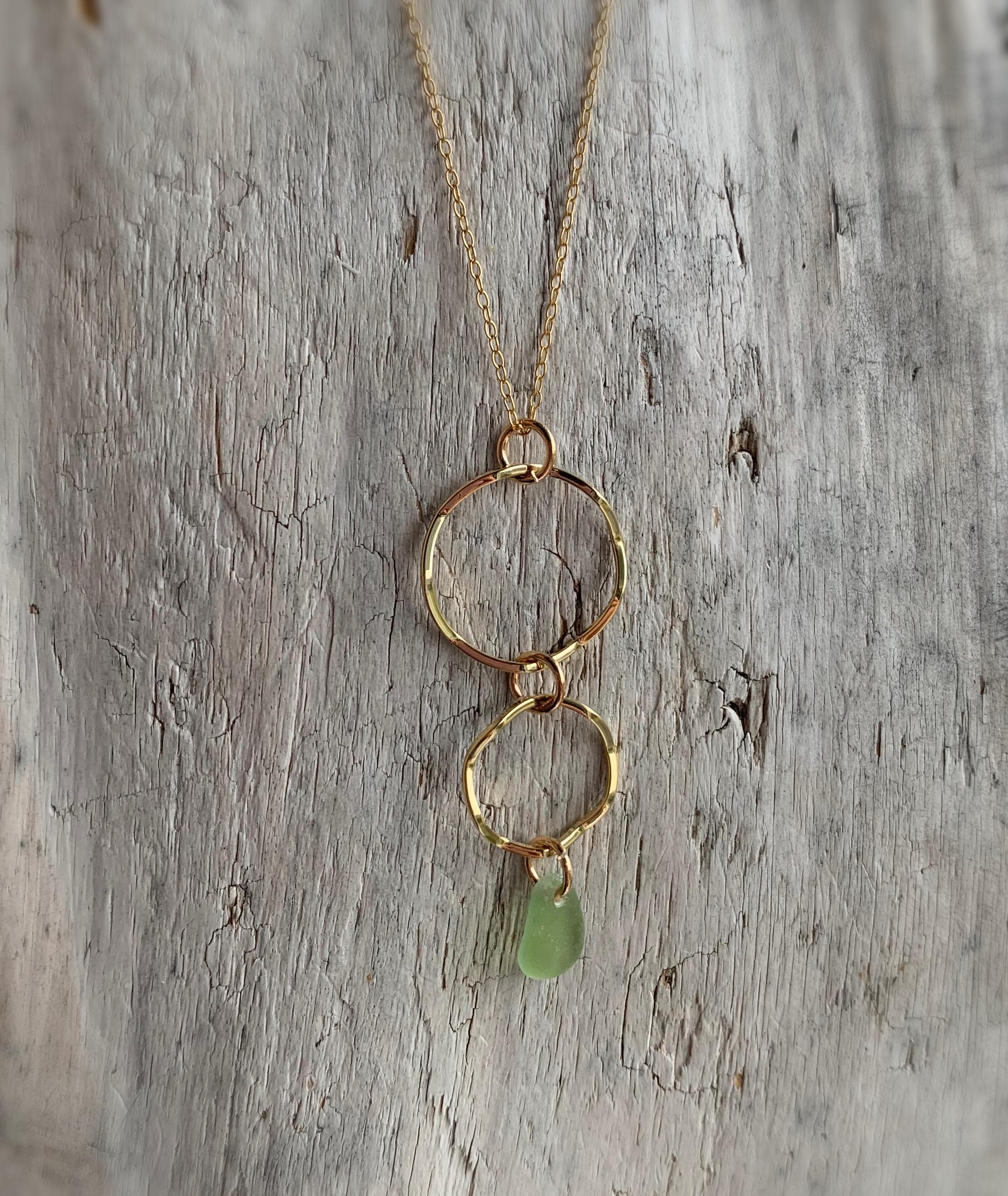 Olive Green Sea Glass Necklace: Gold Filled Wavy Hoop Pendant