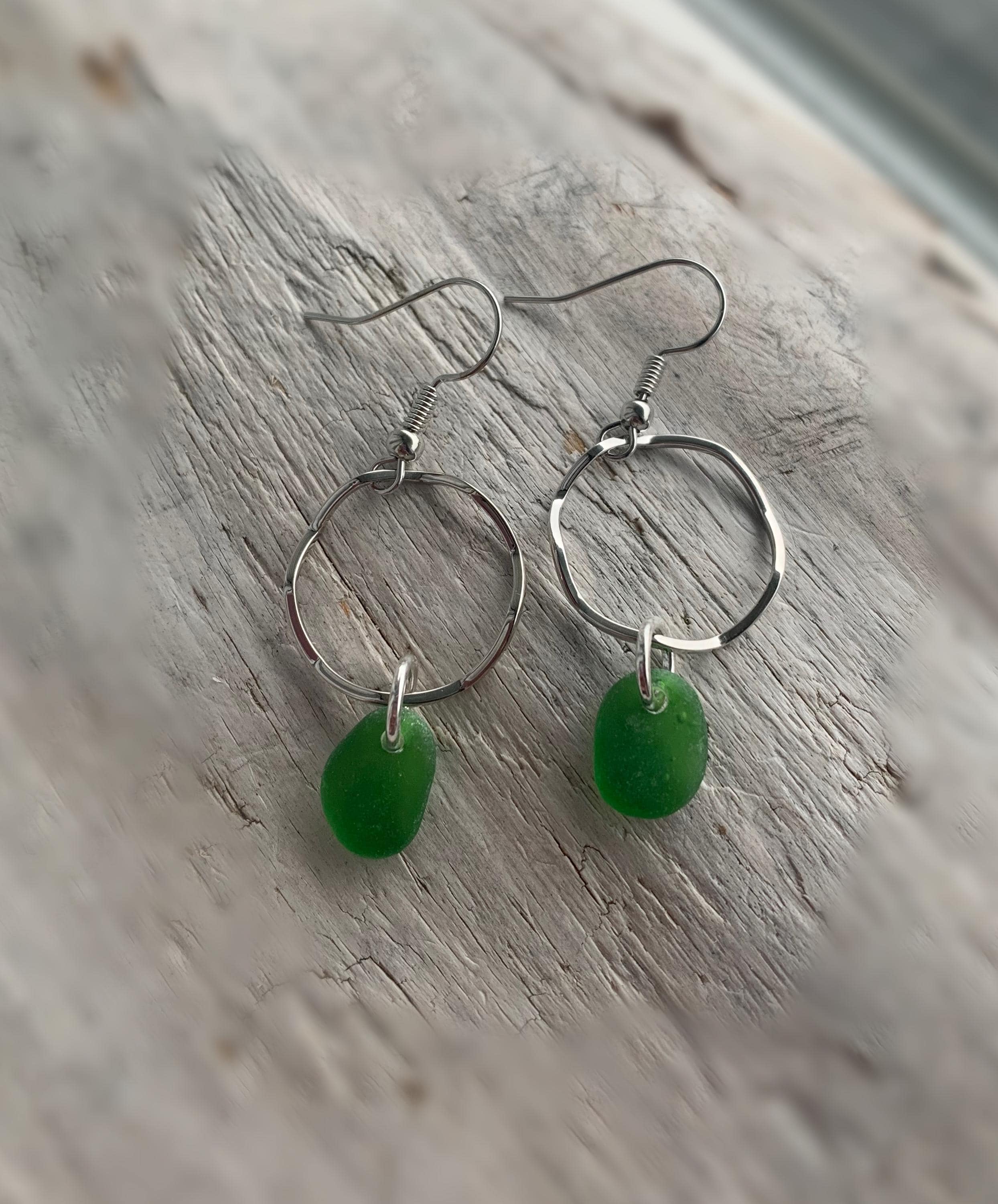 Green Sea Glass Earrings: Silver Wavy Hoop, Salish Sea Jewelry